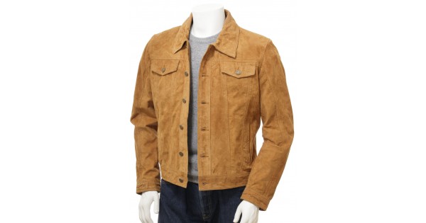 Men's Denim Jeans Style Tan Suede Trucker Leather Jacket